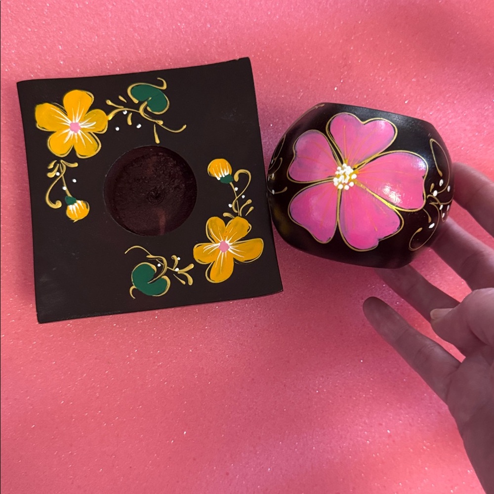 Hand-Painted Floral Wood Candle Holder Set